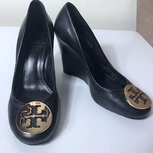 Tory Burch Black Wedge Heels with Gold Logo